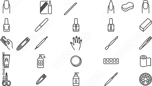 Manicure pedicure icons set, nail care tools symbols, beauty salon equipment outline vector illustration collection for cosmetic design projects marketing