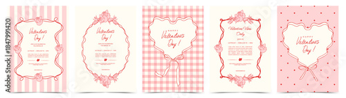 Vintage floral frames, rose borders and ribbon heart frames. Romantic coquette template for Valentine’s Day or  wedding celebration, invitation, greeting card, poster, branding, label