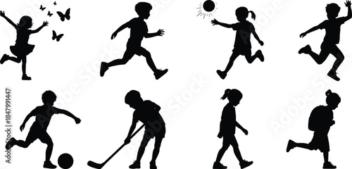Black silhouette children playing, running, sports, outdoor activities, soccer, hockey, backpack, childhood fun, active kids, vector illustration, health and fitness theme
