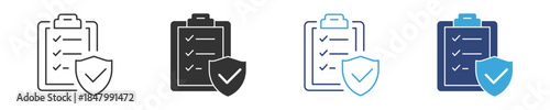 Insurance Policy Icon, Clipboard with Checklist and Shield, Coverage Approval and Documentation Concept, Vector Illustration