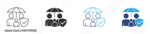 Family Insurance Icon, Family Under Umbrella with Shield, Life Protection and Coverage Concept, Vector Illustration