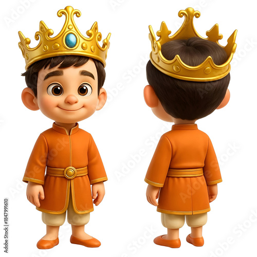 Little Prince is Wearing Golden Royal Crown and Orange Shirt with Beige Pants and Orange Shoes