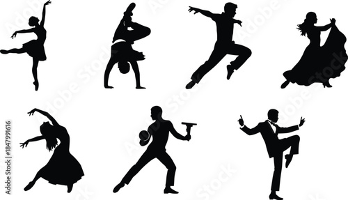 Black silhouette dancers, various poses, ballet, breakdance, contemporary, ballroom, theatrical movement, performance art, dance icon set, vector illustration, expressive body motion