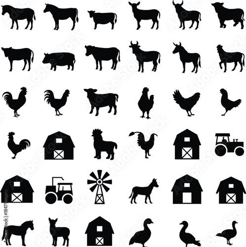 Black silhouette farm animals, barns, tractors, windmill, rural icons, agriculture vector illustration, livestock design, countryside elements, farming equipment, poultry art, rustic nature set