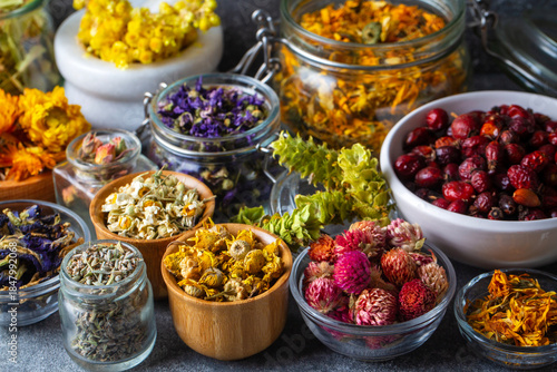 Assortment of dry herbal te...