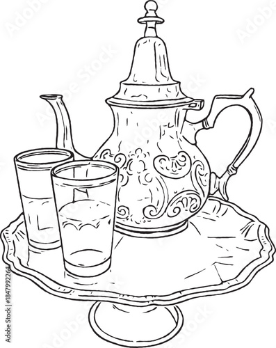 Traditional Moroccan teapot and tea glasses line art sketch. Hand-drawn vector illustration of a Maghrebi atay ceremony set on a tray, perfect for cultural, travel, and hospitality designs.
