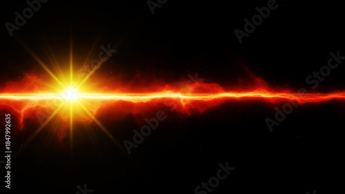 Bright yellow starburst light ray with red nebula clouds on black background beam