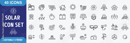 Solar Energy icons set. Solar Energy  icons Pixel perfect. Containing solar panels, sun, generator, energy, and more. Outline Icon Collection. Vector illustration