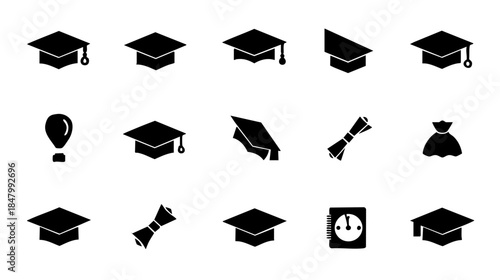 Clean Black Silhouette Graduation Cap Icons - Academic & Success Symbol Collection