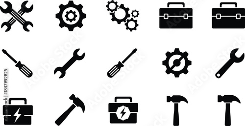 Black repair tool icons, wrench, screwdriver, hammer, toolbox with electric symbol, gears, mechanical equipment, maintenance, construction, industrial, service vector set