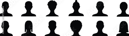Black silhouette heads collection, diverse hairstyles, men and women profiles, front and back views, isolated vector icons, human portrait shapes set