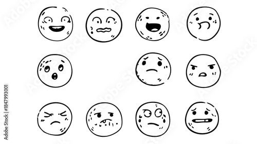 Collection of Cute Doodle Face Icons - Pastel Round Stickers with Various Emotions for UI/Cliparts