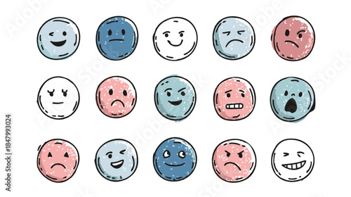 Collection of Cute Doodle Face Icons - Pastel Round Stickers with Various Emotions for UI/Cliparts