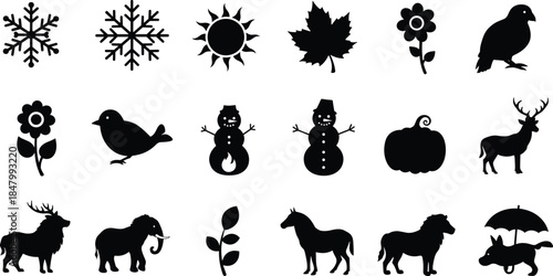 Black silhouette nature and animal icons including snowflakes, sun, leaf, flower, bird, snowman, pumpkin, deer, lion, elephant, plant, horse, dog with umbrella, wildlife shapes