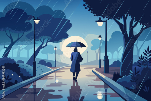 Person walking alone in the park with an umbrella on a rainy night under streetlights and moonlight reflections