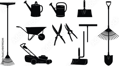 Black silhouette collection of gardening tools including shovel, rake, watering can, wheelbarrow, shears, lawn mower, for landscaping and gardening design