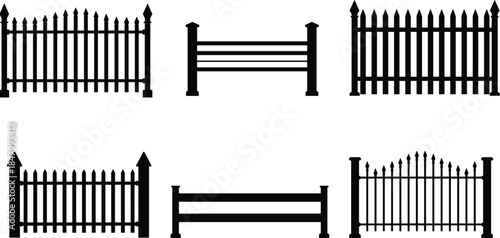 Black silhouette fence collection, decorative iron gates, security barriers, metal railings, garden borders, property protection designs, vector illustration, isolated, outdoor fencing