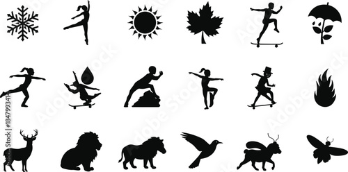 Black silhouette icons collection featuring snowflake, dancer, sun, leaf, skateboarder, umbrella, fire, deer, lion, horse, bird, fantasy creature, bee, nature, outdoor activity