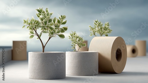 A tree is in a pot and is surrounded by two other pots. The pots are made of concrete and are placed on a white surface. Concept of stability and permanence