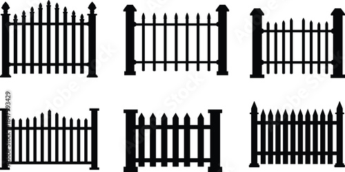 Black silhouette collection of decorative metal and wooden fence designs, isolated vector illustration for architecture, garden, boundary, and security concept projects