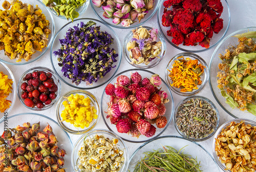 Assortment of dry herbal te...