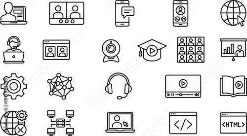 Online education icons set, e learning, virtual classroom, video conference, digital learning, webinar, training, communication, technology outline vector