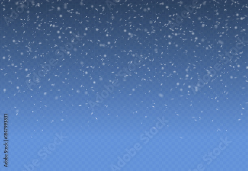 Abstract Christmas winter background with snowflakes blown by the wind on a blue background. White dust light png. Heavy snowfall, snowflakes in different shapes. Vector
