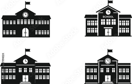 Black school building icon set, educational institution silhouette vector, academic architecture clipart, back to school design, learning symbol