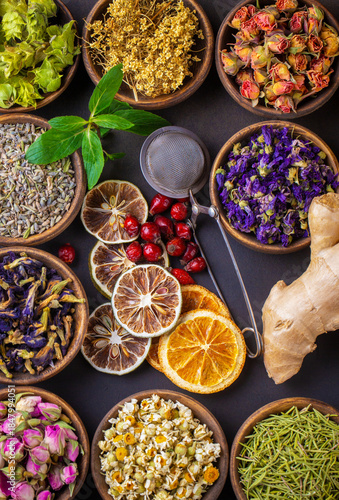 Obraz na plátně Assortment of dry herbal tea concept