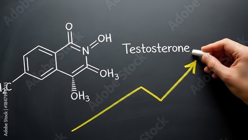 Hand drawing testosterone chemical structure and rising graph on blackboard symbolizing hormone level increase
