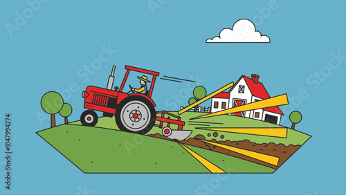 Farmer operating tractor on rural field