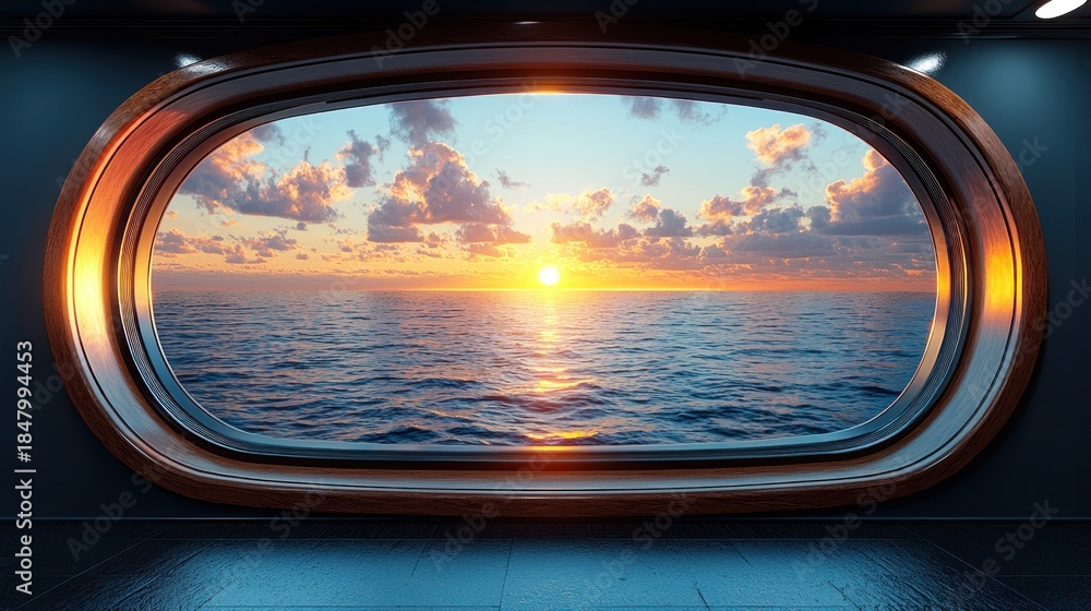 Naklejka premium Ocean view through an oval window with a sunset on the horizon