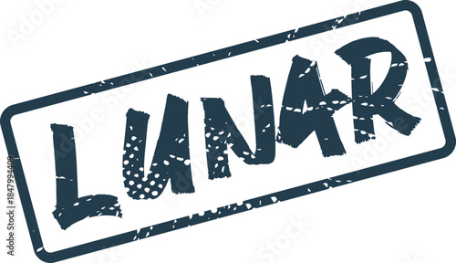 Distressed dark blue stamp with the word LUNAR prominently featured inside a classic rectangular frame