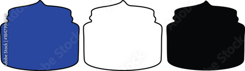 Three colorful plastic jars with lids side by side in blue white and black colors