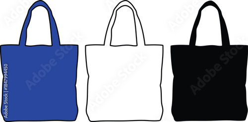 three colorful tote bags in blue white and black for shopping and everyday use