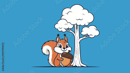 Squirrel holding acorn under tree