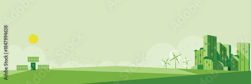 Green sustainable city landscape illustration featuring modern eco buildings, renewable energy sources, wind turbines, solar panels, and clean power infrastructure. Concept of environmental protect