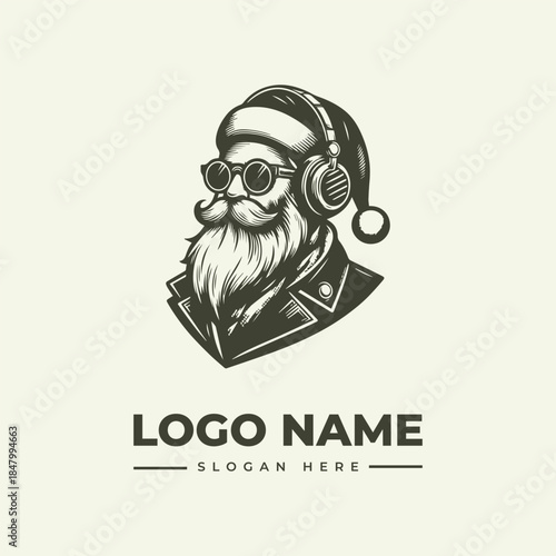 A vector illustration of a stylized Santa Claus wearing sunglasses and headphones on a clean white background with a logo and slogan text.