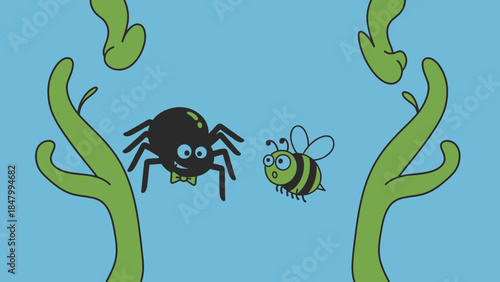 Spider and bee among green plants