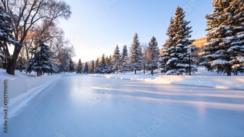 Snowy winter avenue lined with frosted evergreens under a clear blue sky, sunlit tranquil scene. Quiet morning