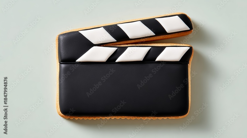 Fototapeta premium A black and white cookie shaped like a movie clapperboard. The cookie is decorated with white icing and has a black and white design