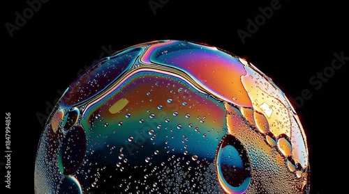 Film 4K macro, Place drops of iridescent motor oil, essential oils, pigmented cooking oils polished chrome sphere heated contact surface tension breaks reforms. polarized lighting rainbow interference