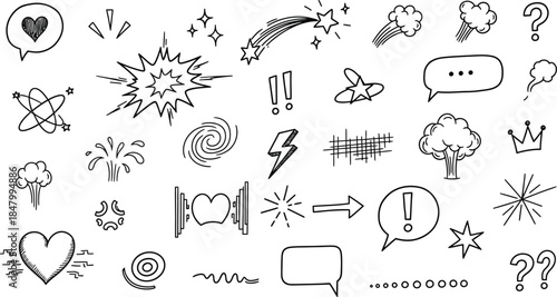 Collection of hand drawn cartoon symbols and icons