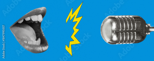 Halftone collage with a singing mouth and microphone. Vintage microphone and shouting mouth.