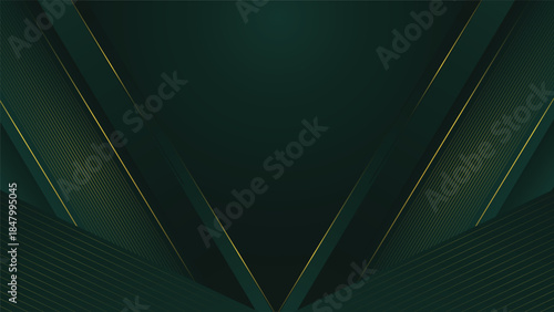Elegant dark green abstract background with layered geometric shapes and fine gold lines ideal for luxury branding presentations covers posters invitations and digital layouts