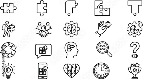 Puzzle teamwork icons set, problem solving, cooperation strategy, creative thinking, solution concept, business process, innovation outline vector illustration