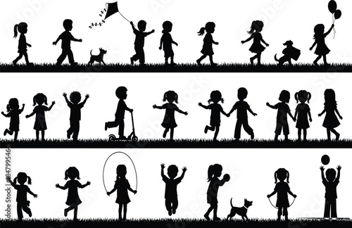 Children playing silhouette collection showing kids running, jumping, flying kites and outdoor activities, happy childhood moments black vector illustration isolated on white background