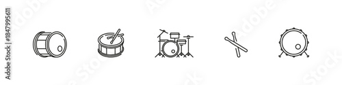 Drum set vector outline icon set. Music, percussion, and rhythm instrument collection.
