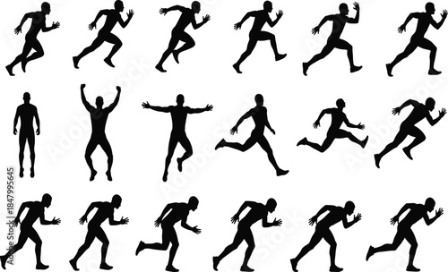 Running man silhouette collection showing sprinting, jumping and athletic motion poses, sports fitness action black vector illustration isolated on white background