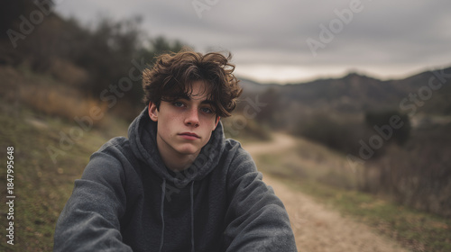 Caucasian teenager on hillside trail, softly lit with subtle anxiety cues and a quiet, reflective mood. Caucasian male teenager, boy, sitting outdoors in nature, thinking about something. Depressed, u